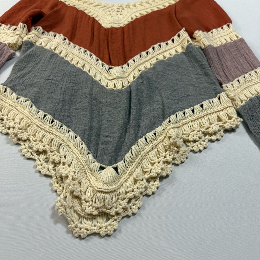 Boho Crochet Lace Tunic Top Women's Medium Rust Grey Colorblock Chevron Lace - Picture 5 of 8